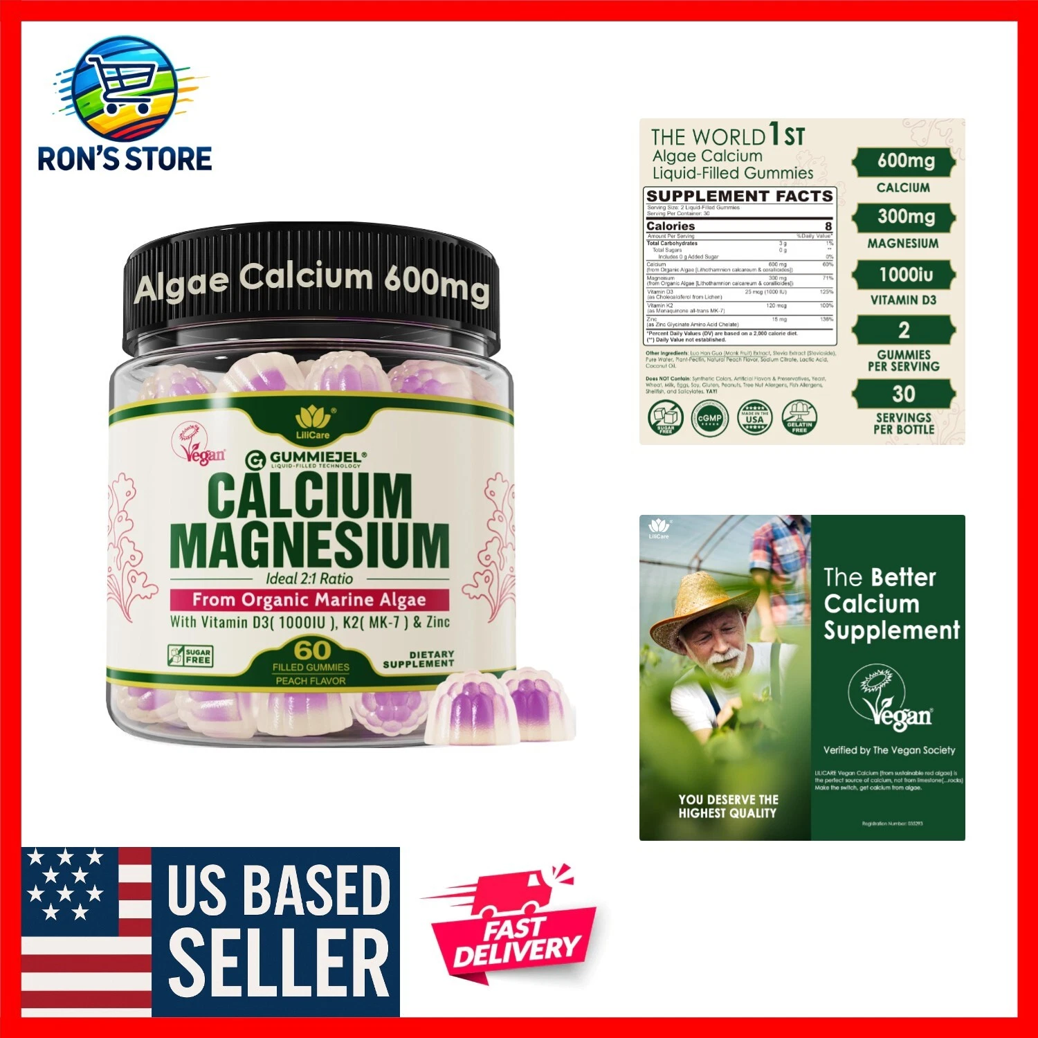 Plant-Based Calcium Gummies 600mg with Vitamin D3 K2 for Bone Strength 60 Count