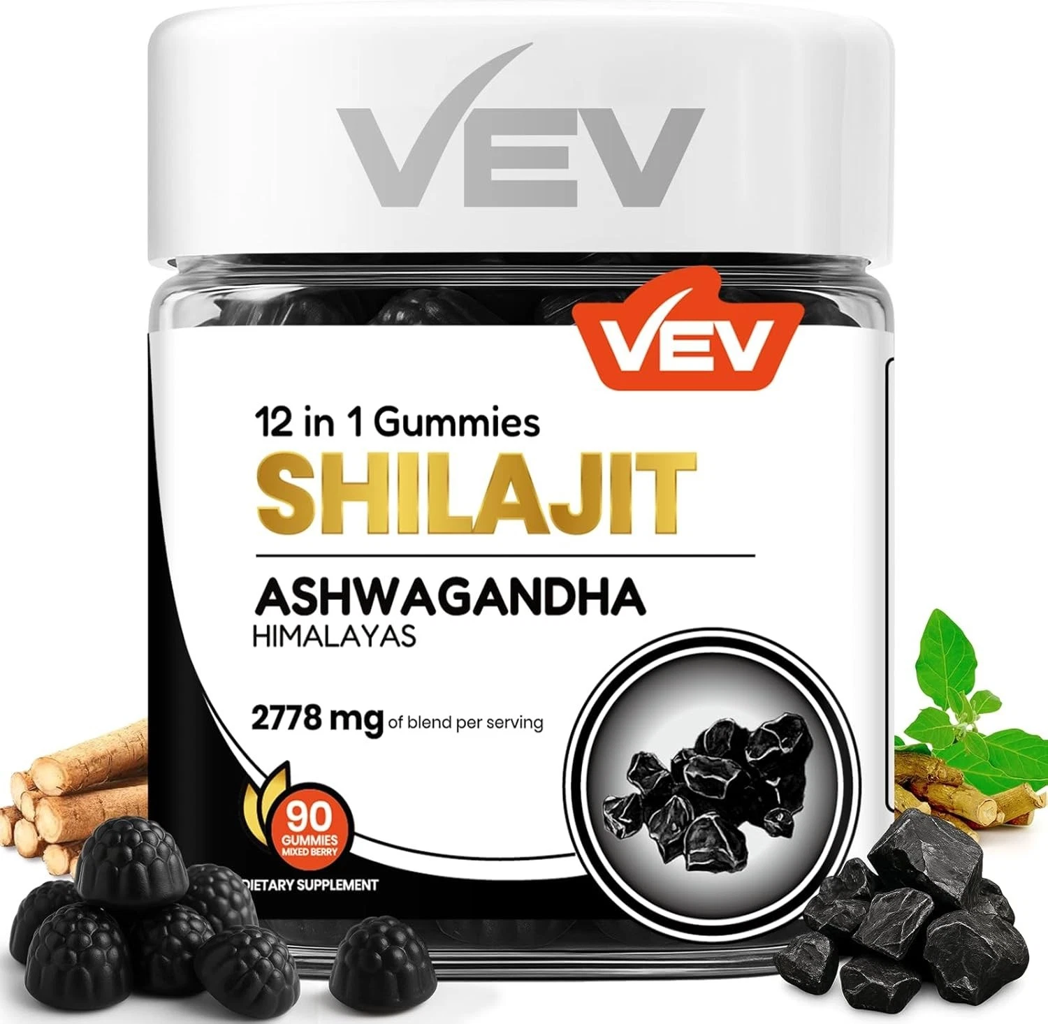 VEV Himalayan Shilajit Gummies for Men with Ashwagandha Gummies, Sea Moss, Black