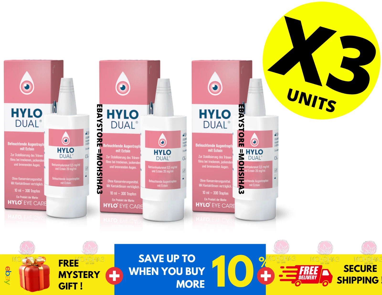 Hylo Dual Eye Drops with Hyaluronic Acid and Ectoin for Dry and Red Eye 10ml X 3