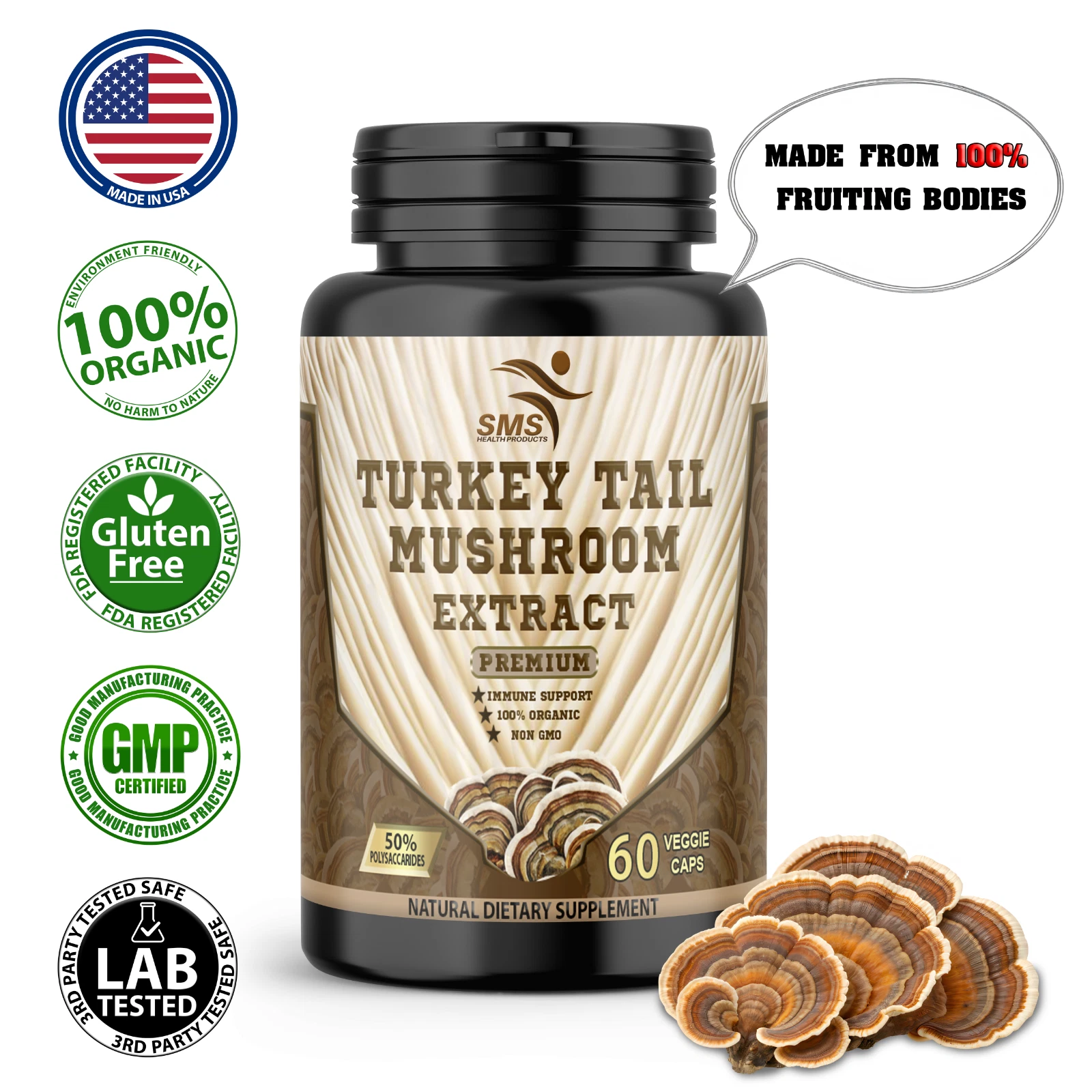 Turkey Tail Mushroom 50% Poly Extract Powder 60 Veggie Capsules Organic Non GMO