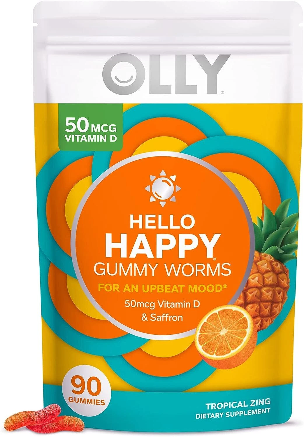 OLLY Hello Happy Gummy Worms, Mood Balance Support, Vitamin D, Saffron 90 Count