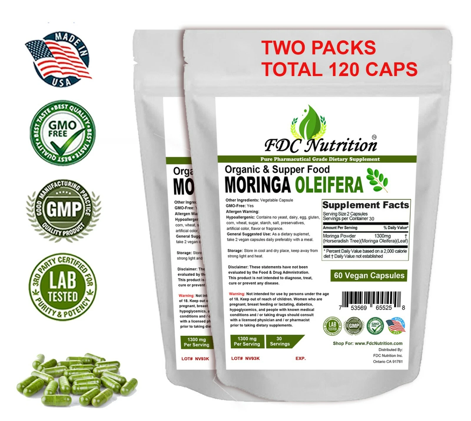 MORINGA OLEIFERA LEAF PILLS 120 CAPSULES NATURAL MULTI VITAMIN 1300 mg ORGANIC