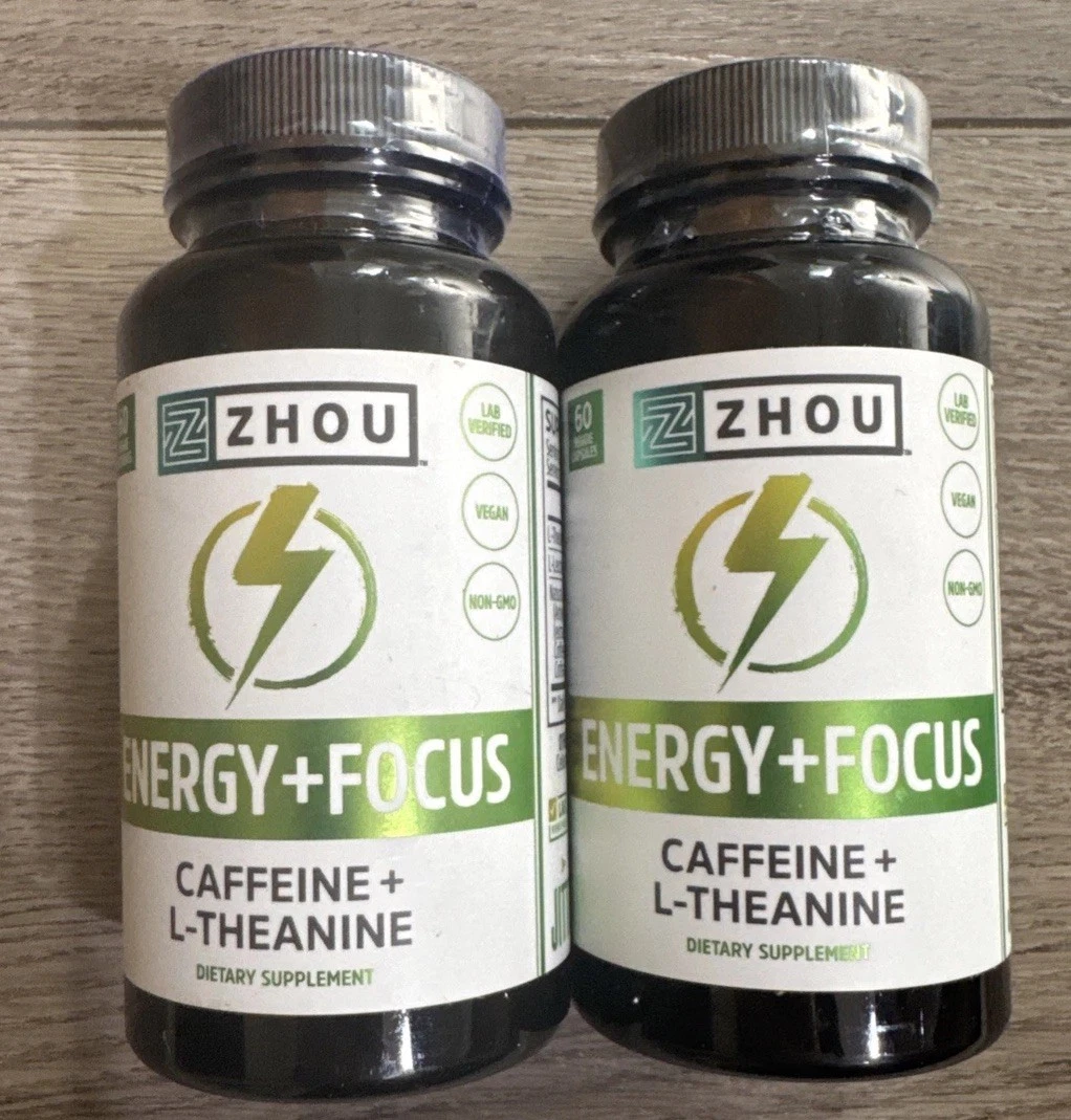 2pk ZHOU Nutrition Caffeine L-theanine ENERGY + FOCUS 60 capsules Each 12/2026+