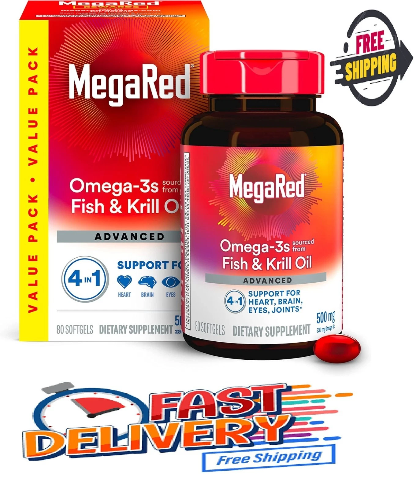 Megared Omega-3 Fish Oil + High Absorption Krill Oil 500mg Softgels- Exp 12/26