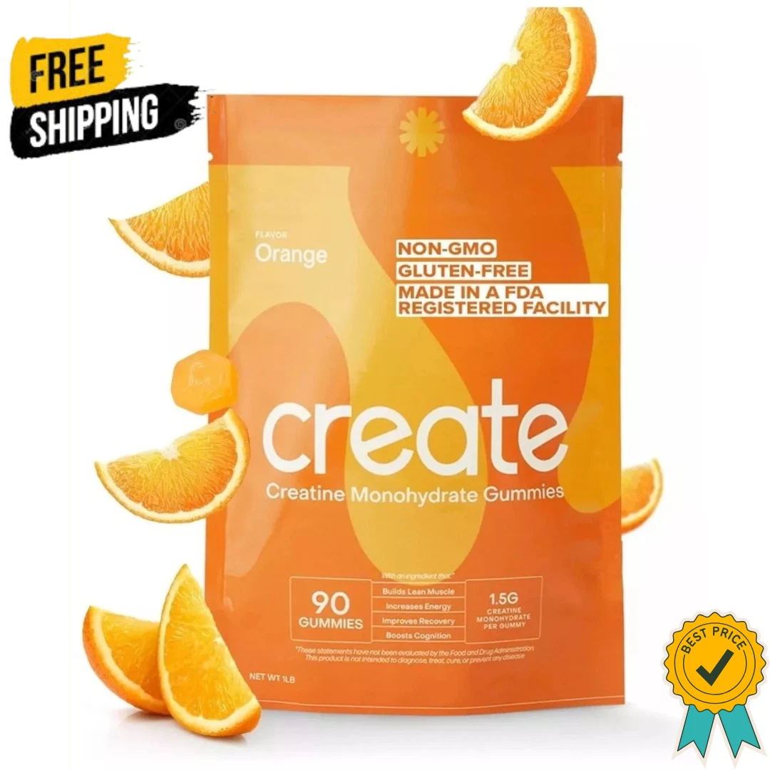 90 Count CREATE WELLNESS CREATINE MONOHYDRATE GUMMIES -ORANGE FLAVOR Gluten-Free