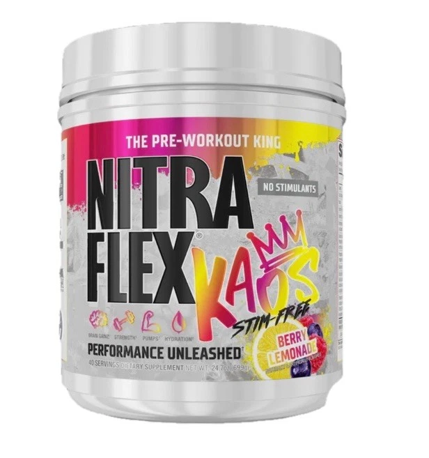 NITRAFLEX KAOS STIM FREE PRE WORKOUT 24.7OZ 40 SERVINGS-BERRY LEMONADE EXP 8/26