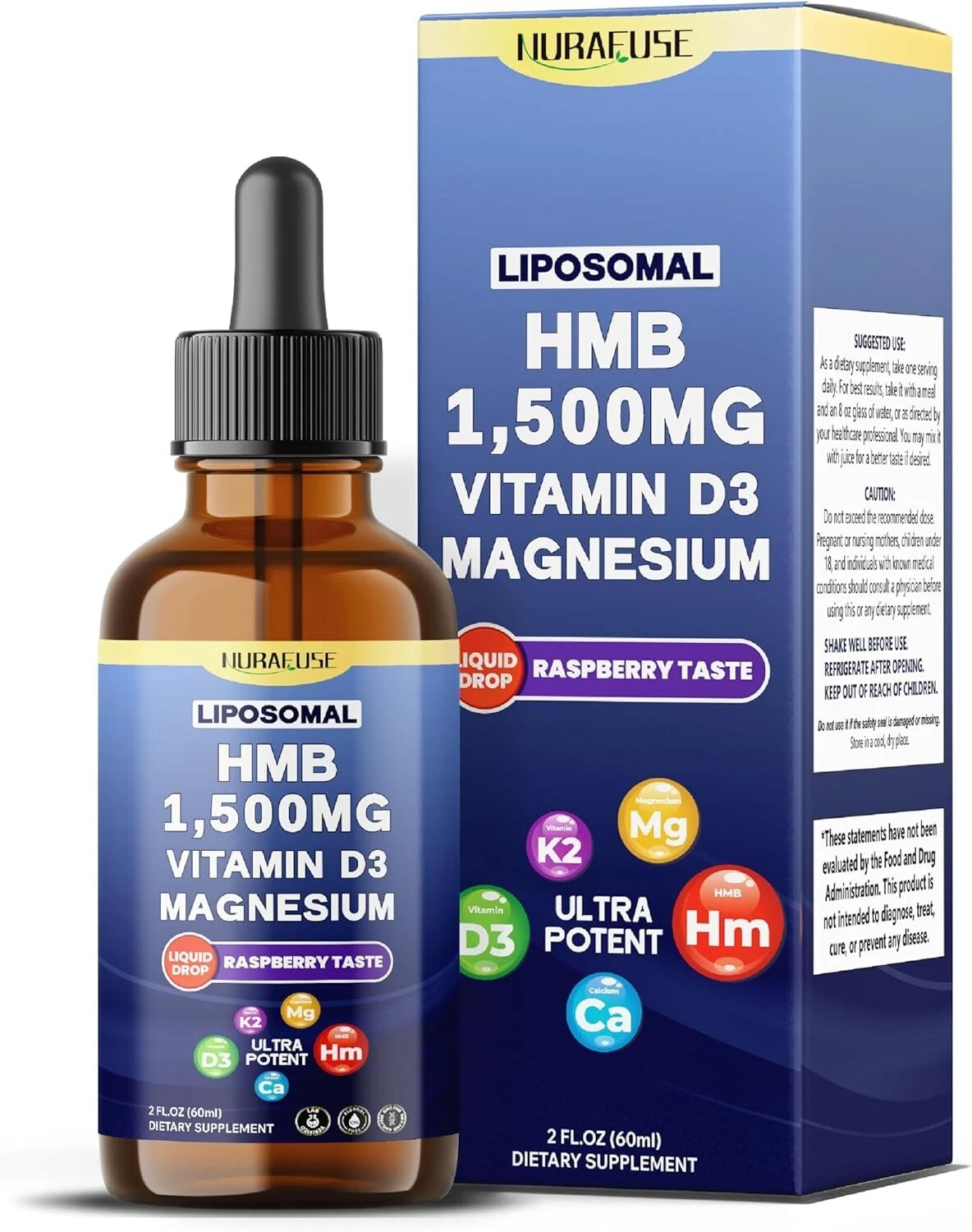 Nurafuse Liposomal HMB 1500mg, Vitamin D3, Magnesium Liquid Drops – Ultra Potent