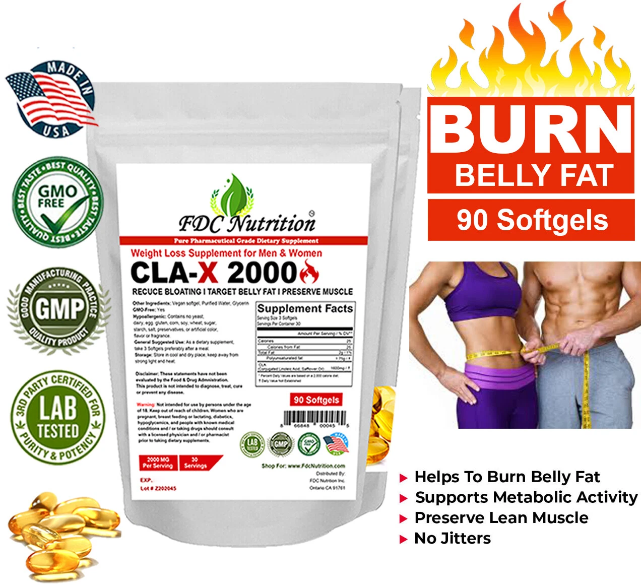 CLA Belly Fat Burner Pills - Stomach Weight Loss Supplement for Men & Women