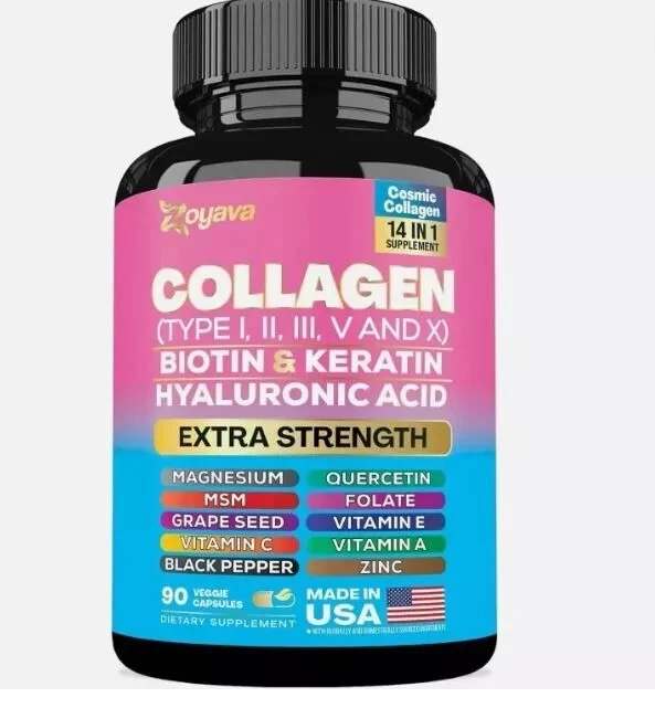 Zoyava Collagen Pills Peptides Types I, II, III, V & X 64,000 MCG Biotin 90 Caps
