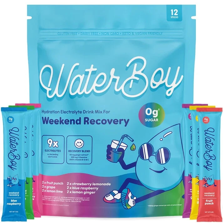 Waterboy Recovery Electrolyte Pack – 12 Sugar-Free Sticks with Ginger & Vitamins