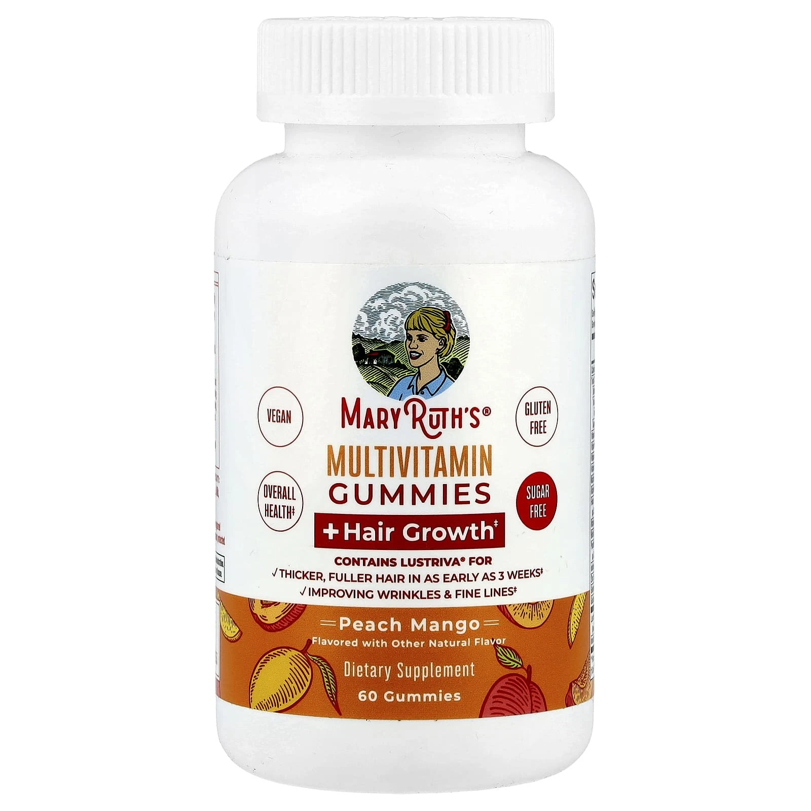 2 X MaryRuth's, Multivitamin Gummies + Hair Growth, Peach Mango, 60 Gummies