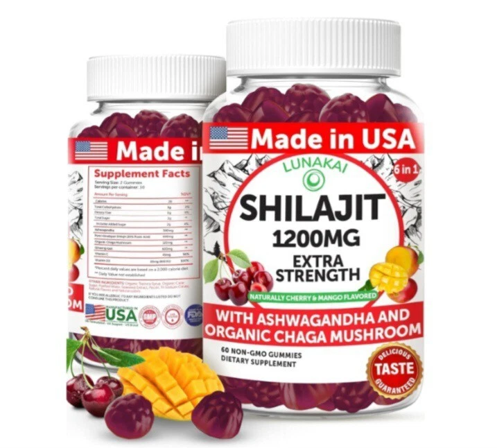 Lunakai Pure Shilajit Gummies 1200mg with Ashwagandha Chaga Vitamin C & D3 60ct