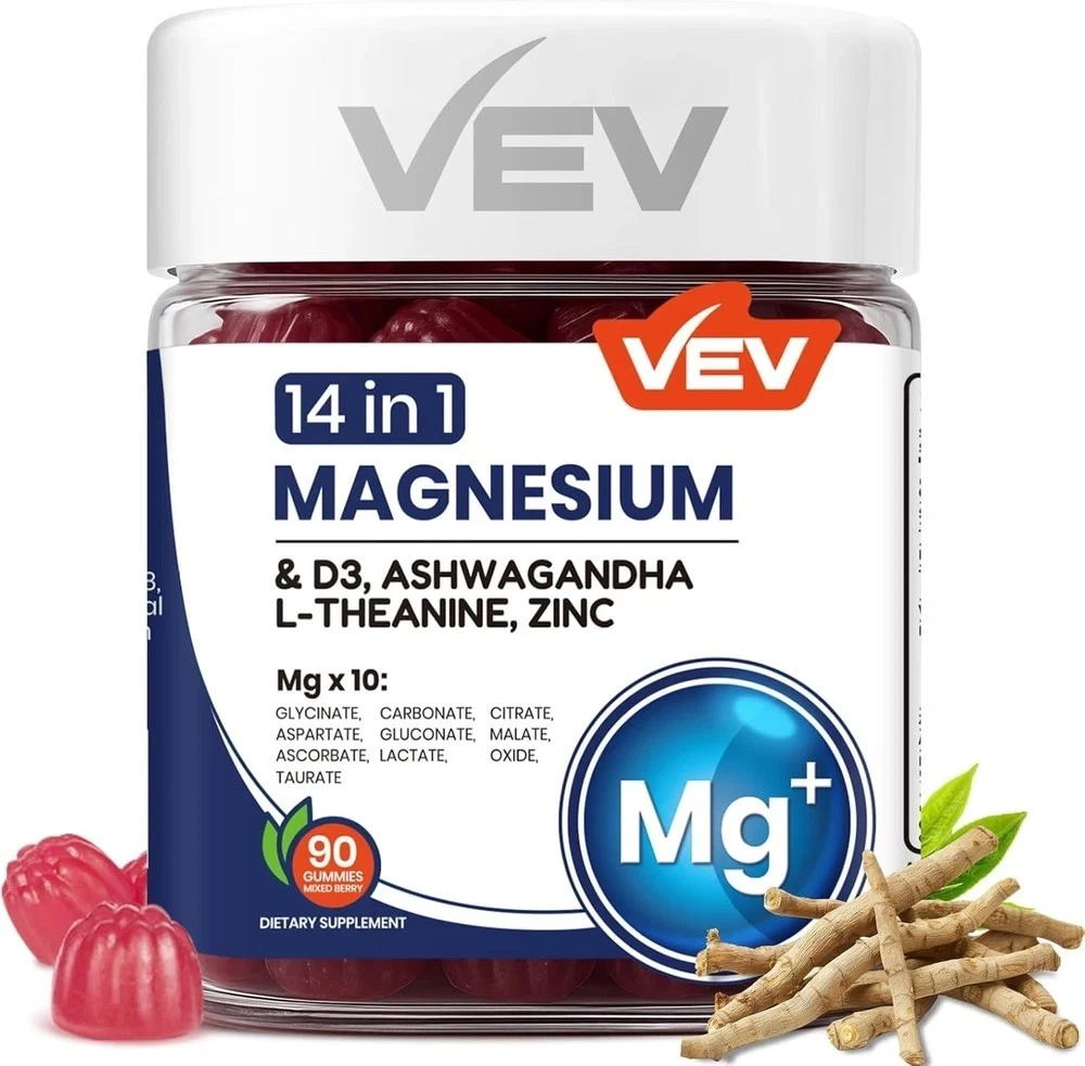 VEV Magnesium Complex 14-in-1 Gummies Ashwagandha L-Theanine 90ct Vegan