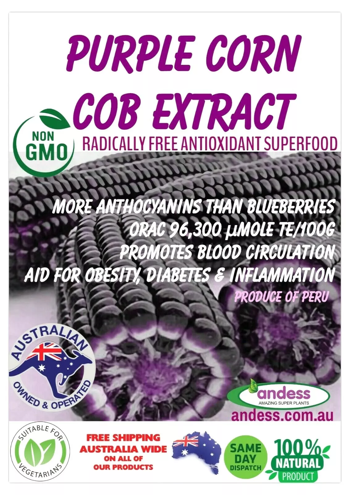 PURPLE CORN COB EXTRACT NATURAL Peruvian Superfood 450g CHICHA MORADA AU Seller