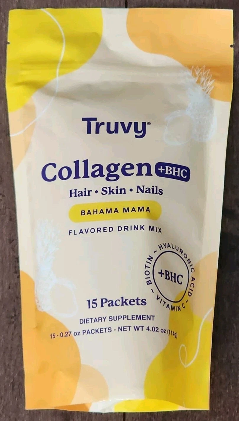 Truvy Collagen + BHC Hair Skin Nails Bahama Mama 15 Packets New Sealed