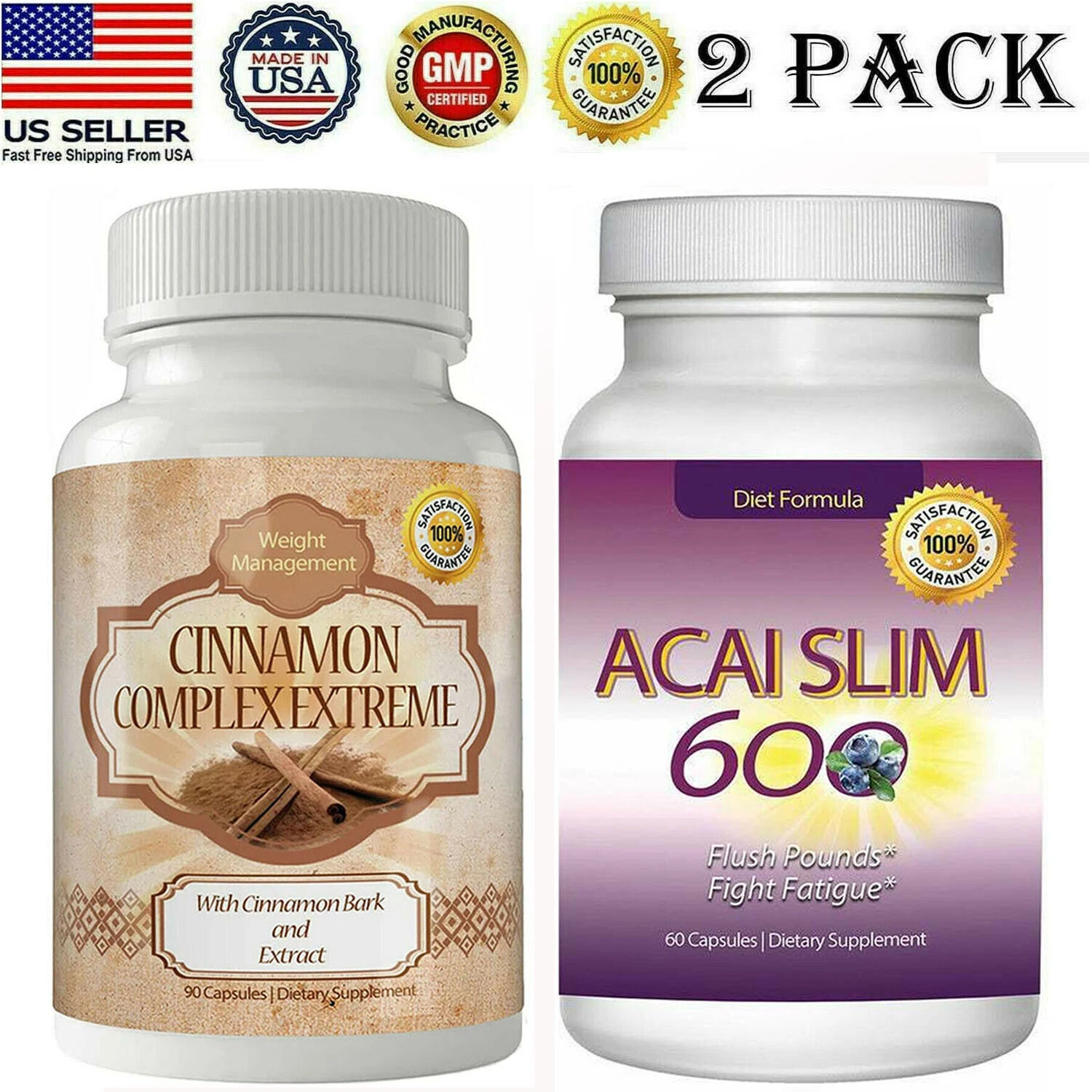 Cinnamon Bark Complex & Acai Berry Slim Weight Loss Fat Burn Diet Capsules Combo