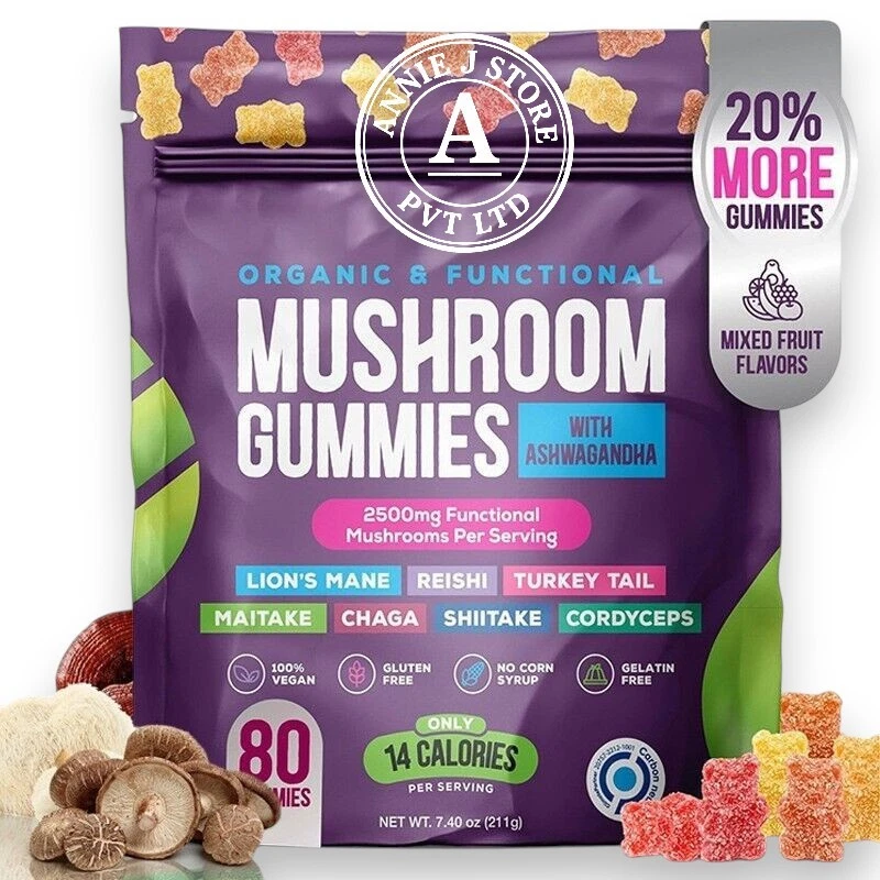 Natural Mushroom Supplement Gummies Ashwagandha Shiitake 80 Counts Fruit Flavor