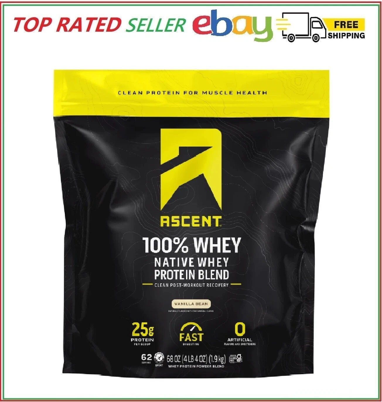Ascent 100% Whey, Native Whey Protein Blend, Vanilla Bean, 4.25 lbs