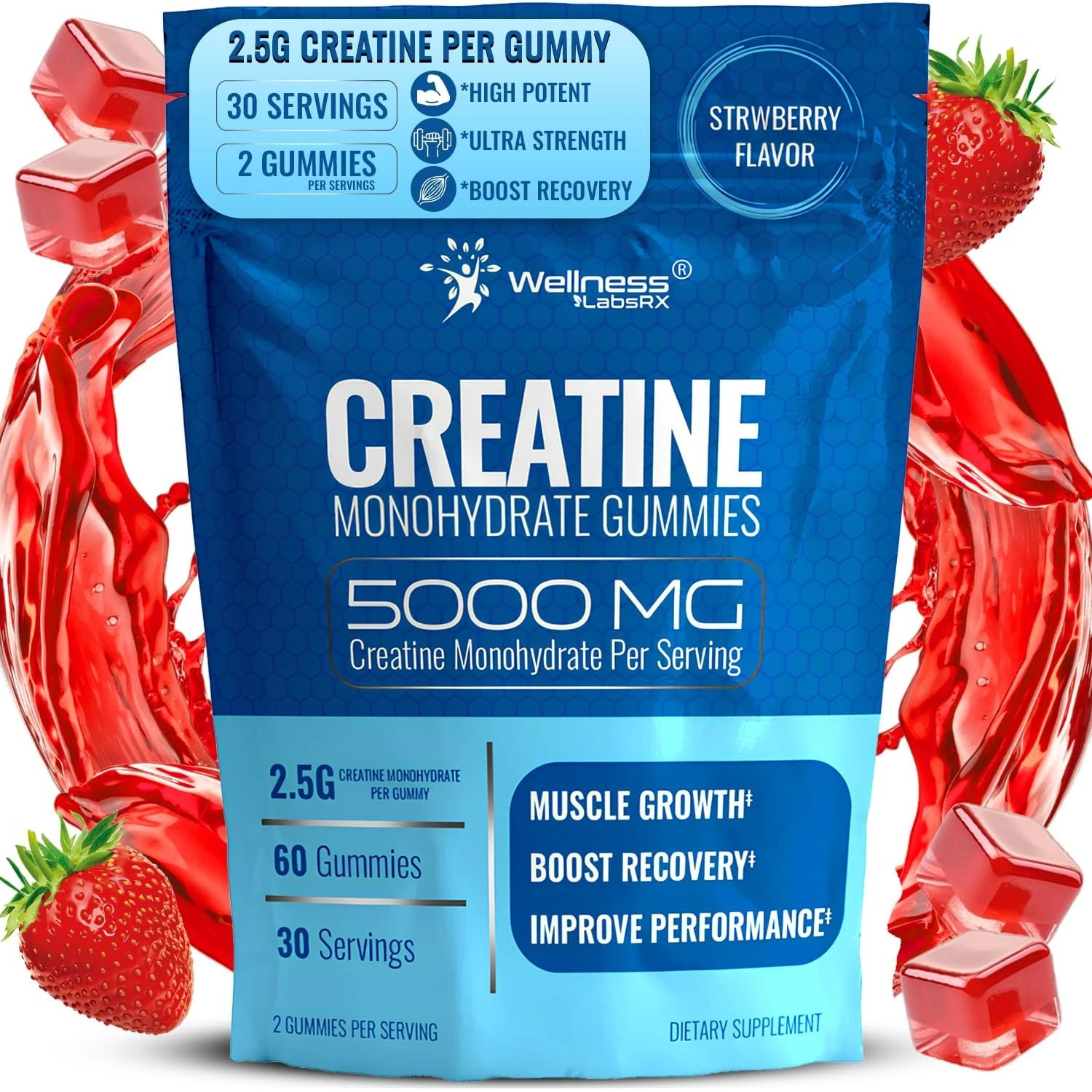 WELLNESS LABSRX Creatine Gummies 5000mg, 30 Servings Creatine Monohydrate Gummie