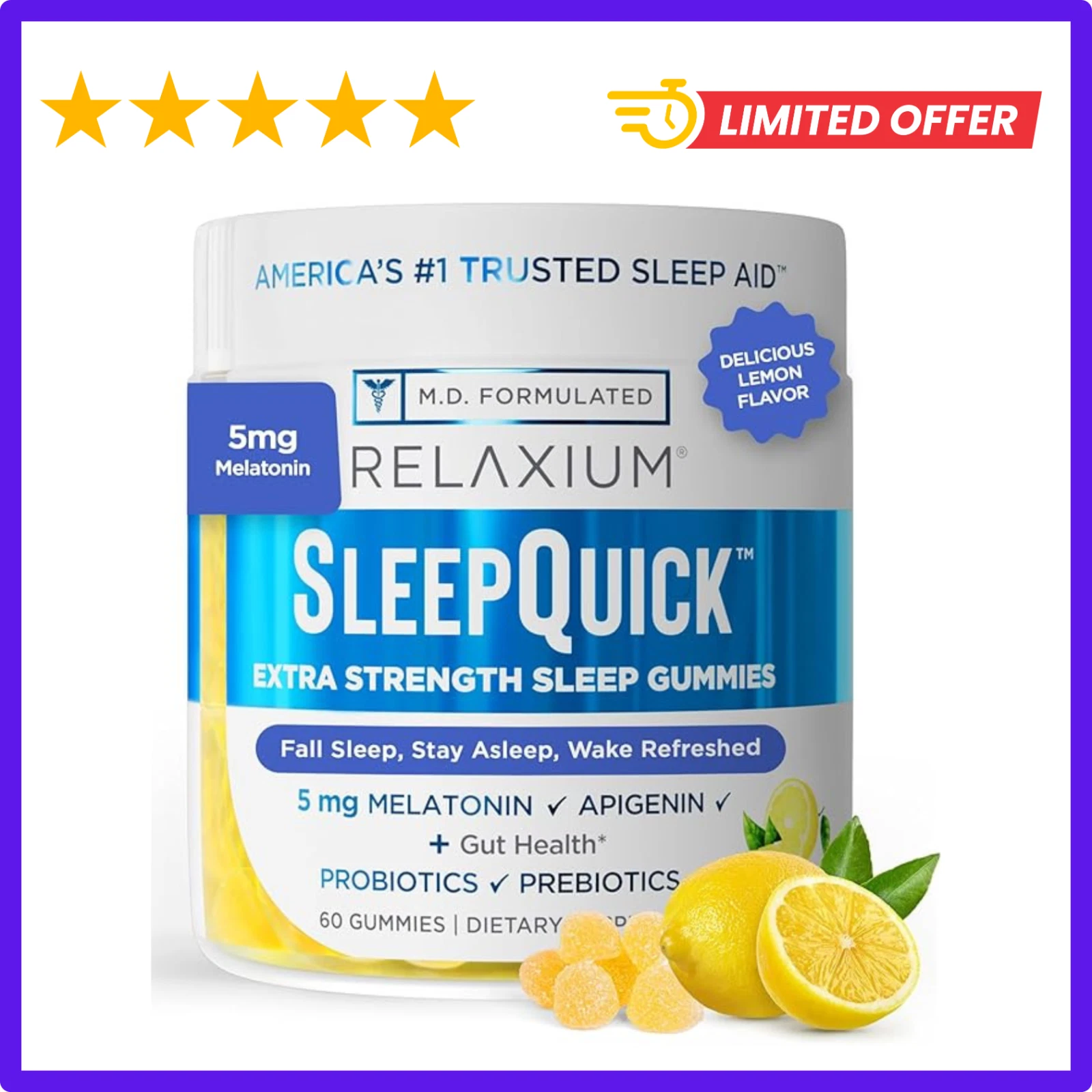 RELAXIUM Sleep Quick Gummies - Sleep Aid Support - Yummy Lemon - 60 Gummies New