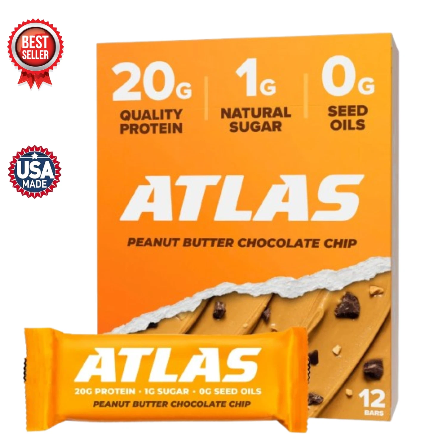 Atlas Protein Bar – 20g Clean Protein, Peanut Butter Chocolate Chip - 12 Count
