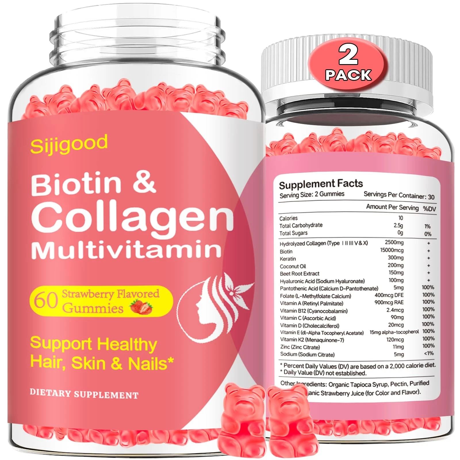 2 Pack Collagen Gummies for Women Men, Hydrolyzed Collagen Peptides Types I,II,I