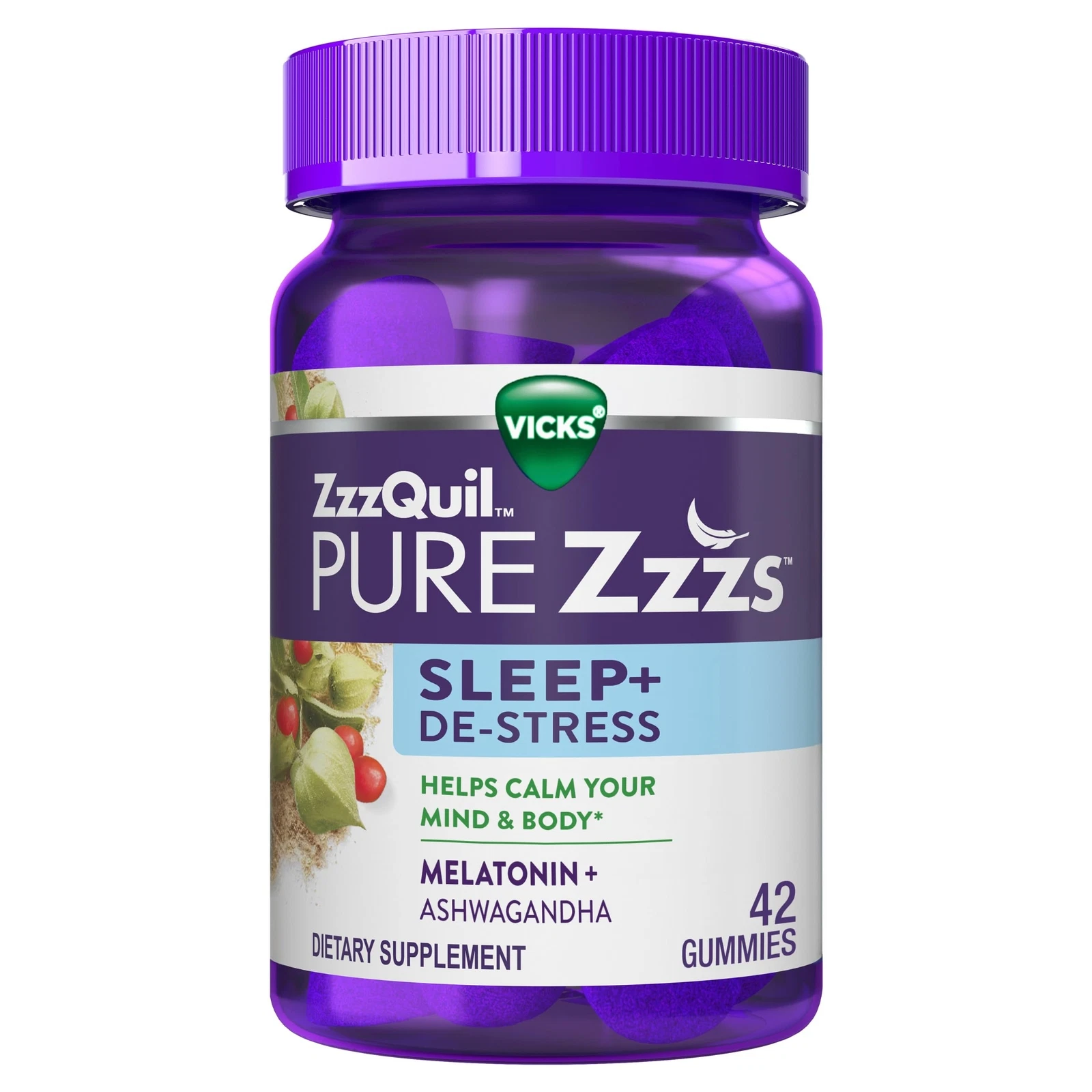 ZzzQuil Pure Zzzs De Stress Melatonin Gummies 42 Count Blackberry Vanilla