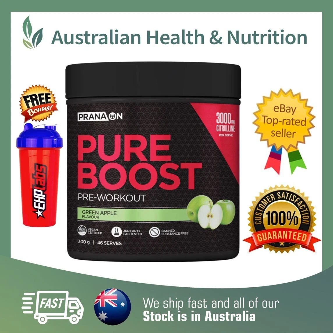 PRANAON PURE BOOST APPLE 300GM PRE-WORKOUT + FREE SHIPPING & SHAKER UBD 02/2025