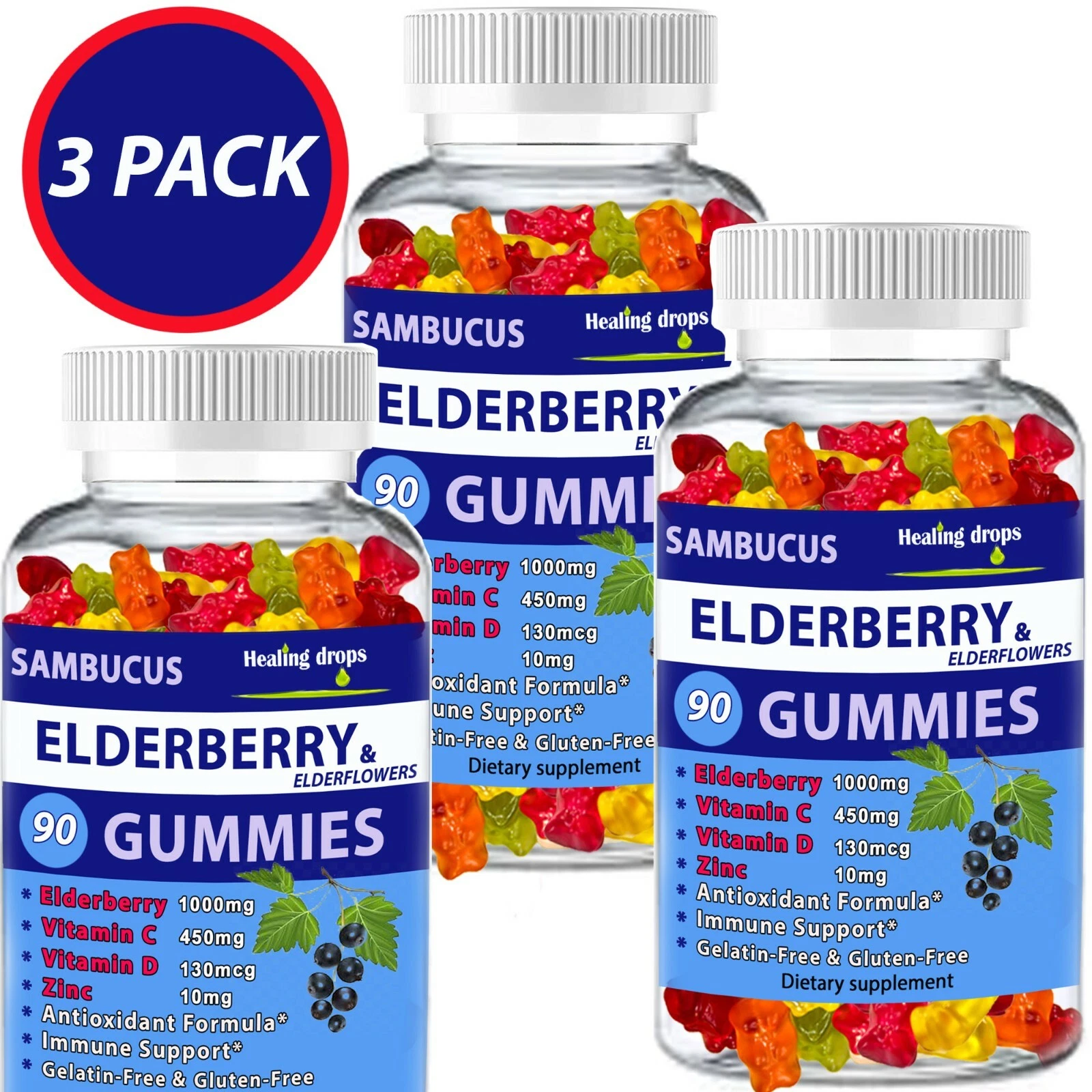 (3 Pack) Elderberry Gummies with Zinc Vitamin C, D - Sambucus Elderberry Gummies