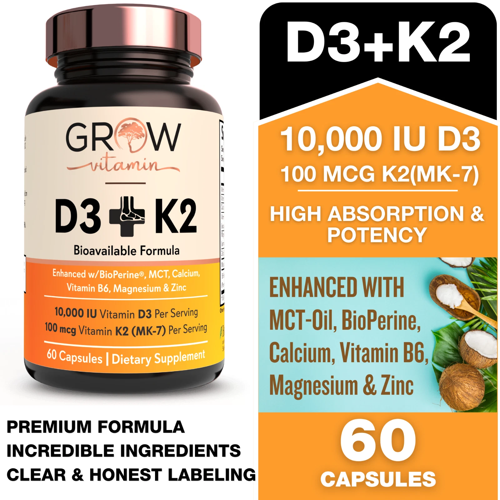 Organic Vitamin D3 & K2 w/MCT Oil (10,000 IU) - 60 Capsules - Grow Vitamin