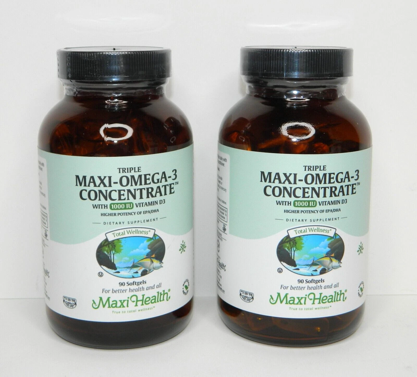 2 Maxi Health Triple Maxi-Omega-3 Concentrate 1000 IU D3 Fish Oil 90 Softgels