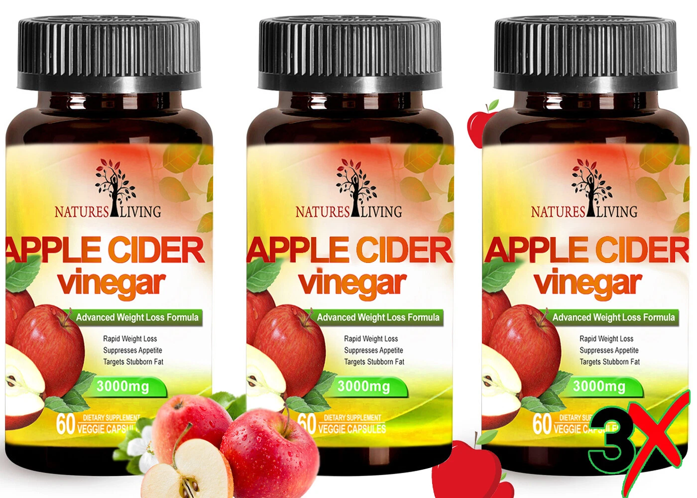 Natures Living 3 x APPLE CIDER VINEGAR 3000 mg (180 Veggie Pills) - Energy Boost