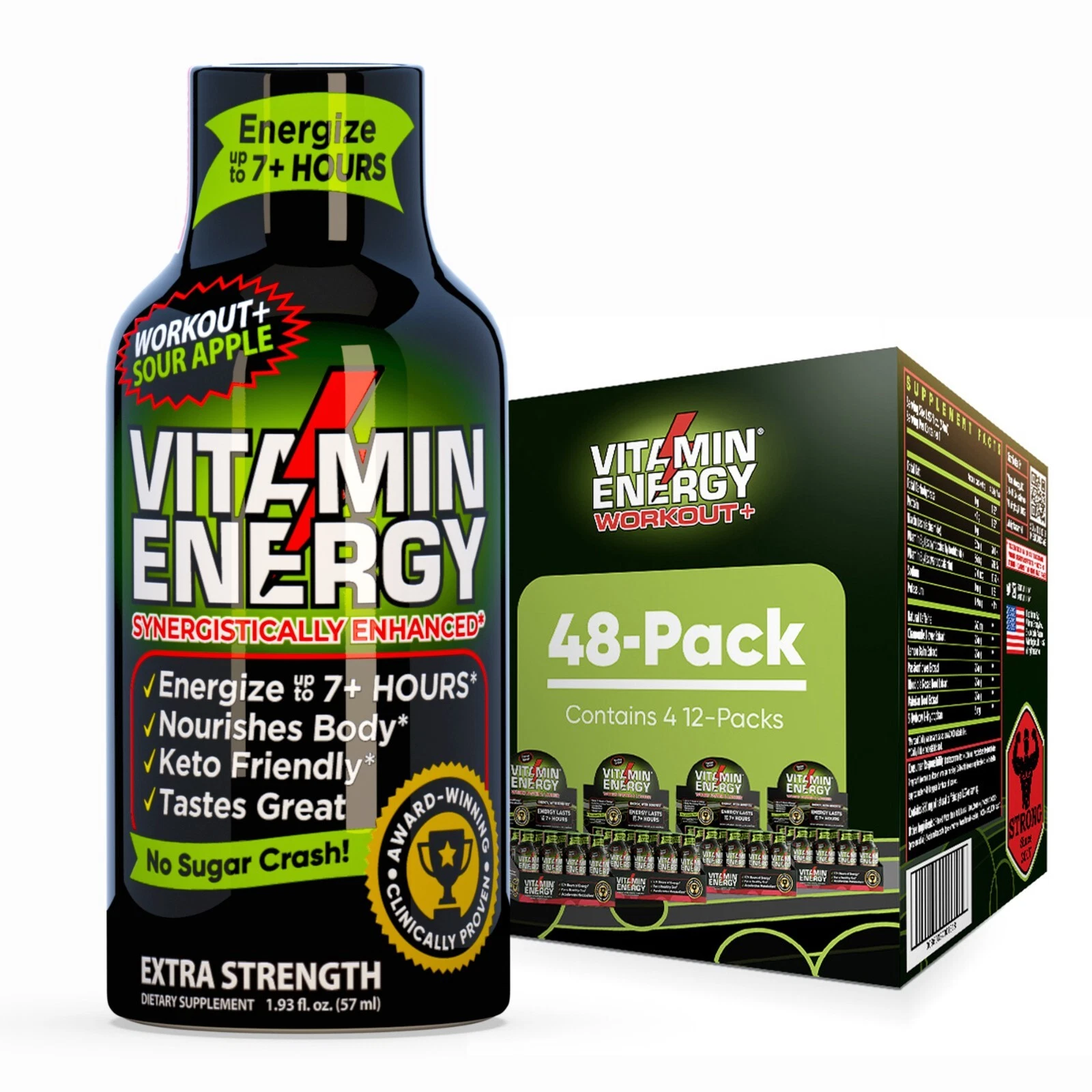 (48 Pack) Vitamin Energy® Workout+ Sour Apple Energy Shots, Clinically Proven