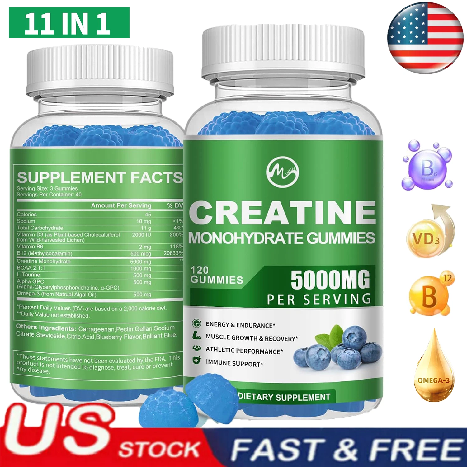 1-4×120 Creatine Monohydrate Blueberry Gummy- Increase Strength and Build Muscle