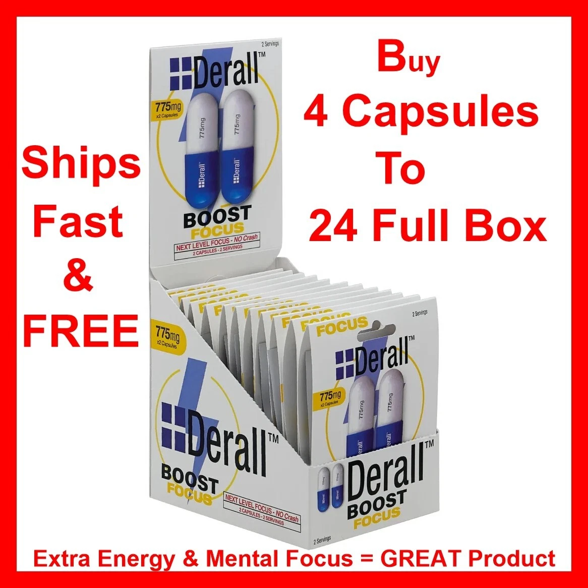 Derall Boost Powerful Energy - Mental Focus 775mg - 4 to 24 Capsules - Exp 02/28
