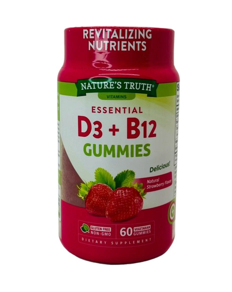 Vitamin D3 and B12 Gummies 60 Count Strawberry Flavor Vegetarian Nature's Truth