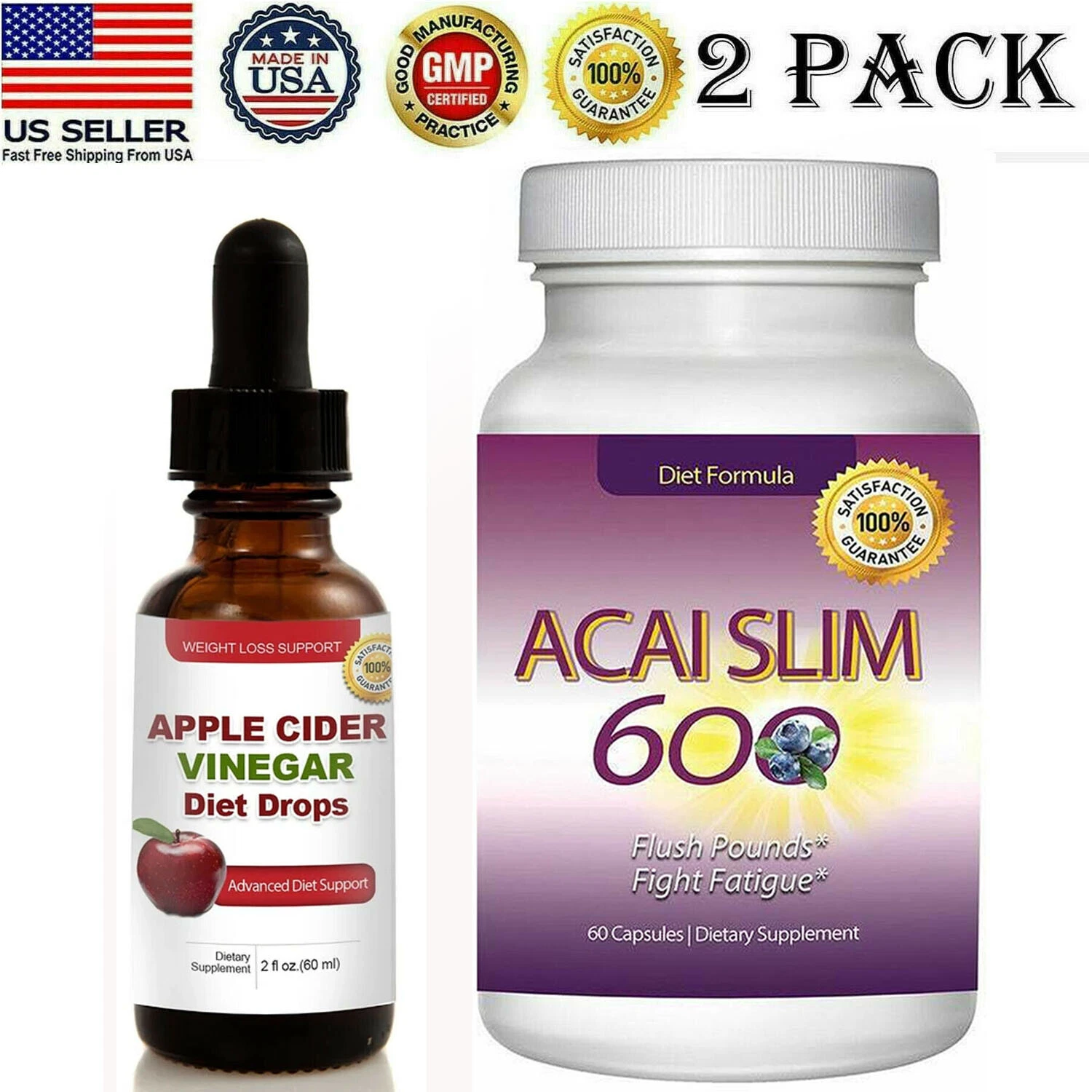Apple Cider Vinegar Diet Drops & Acai Berry Slim Weght Loss Supplements Combo