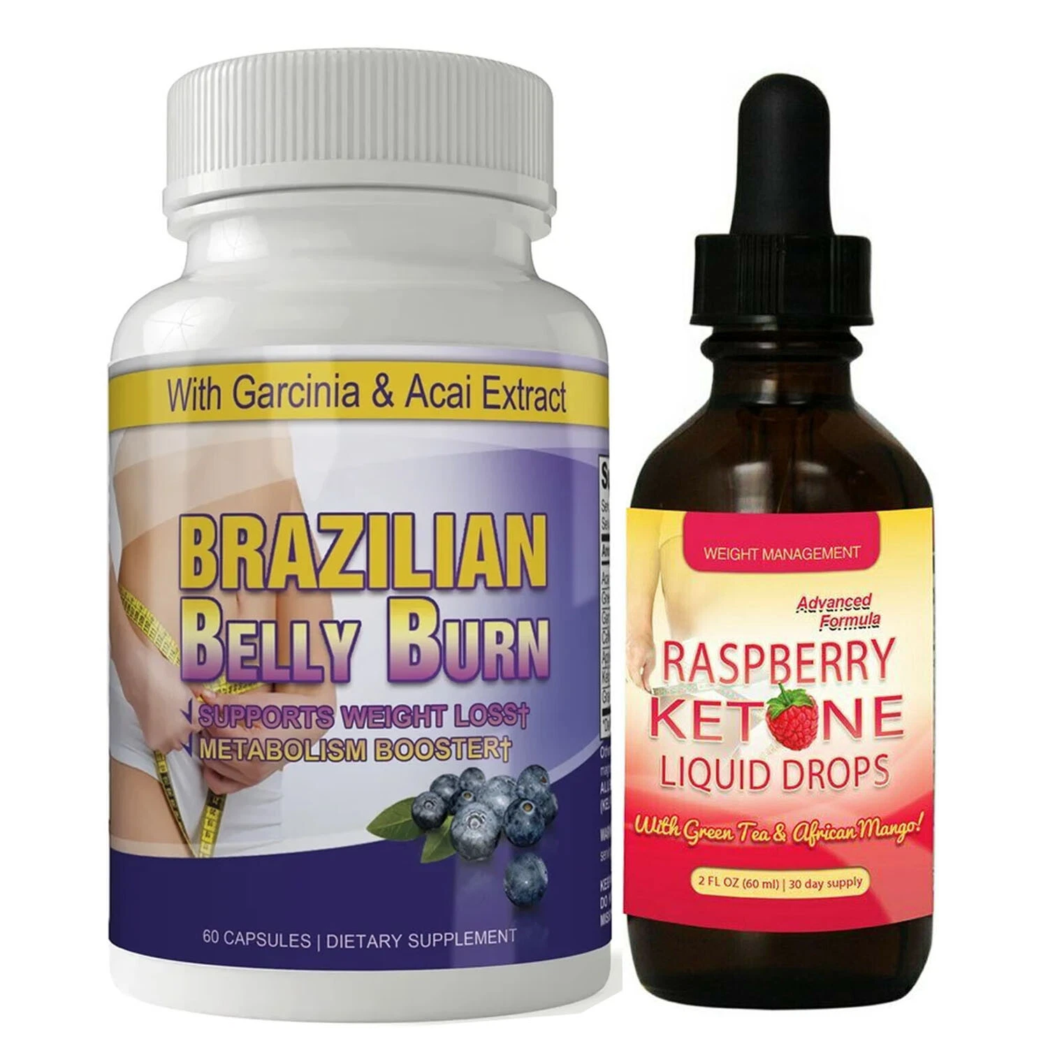 Raspberry Ketone Liquid Drops & Brazilian Belly Burn Weight Loss Capsules Combo