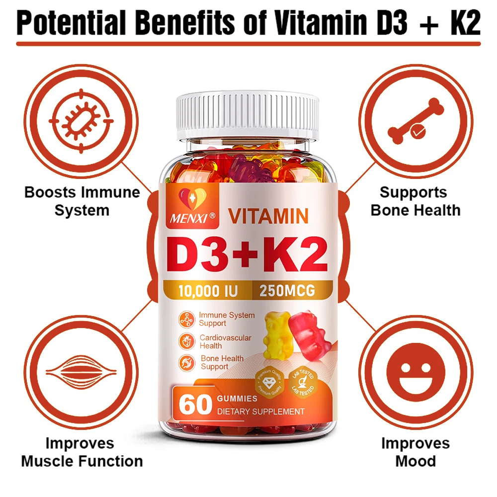 Vitamin D3 10000IU K2 250mcg Gummies - 60 Count - Supports Healthy Bone Heart