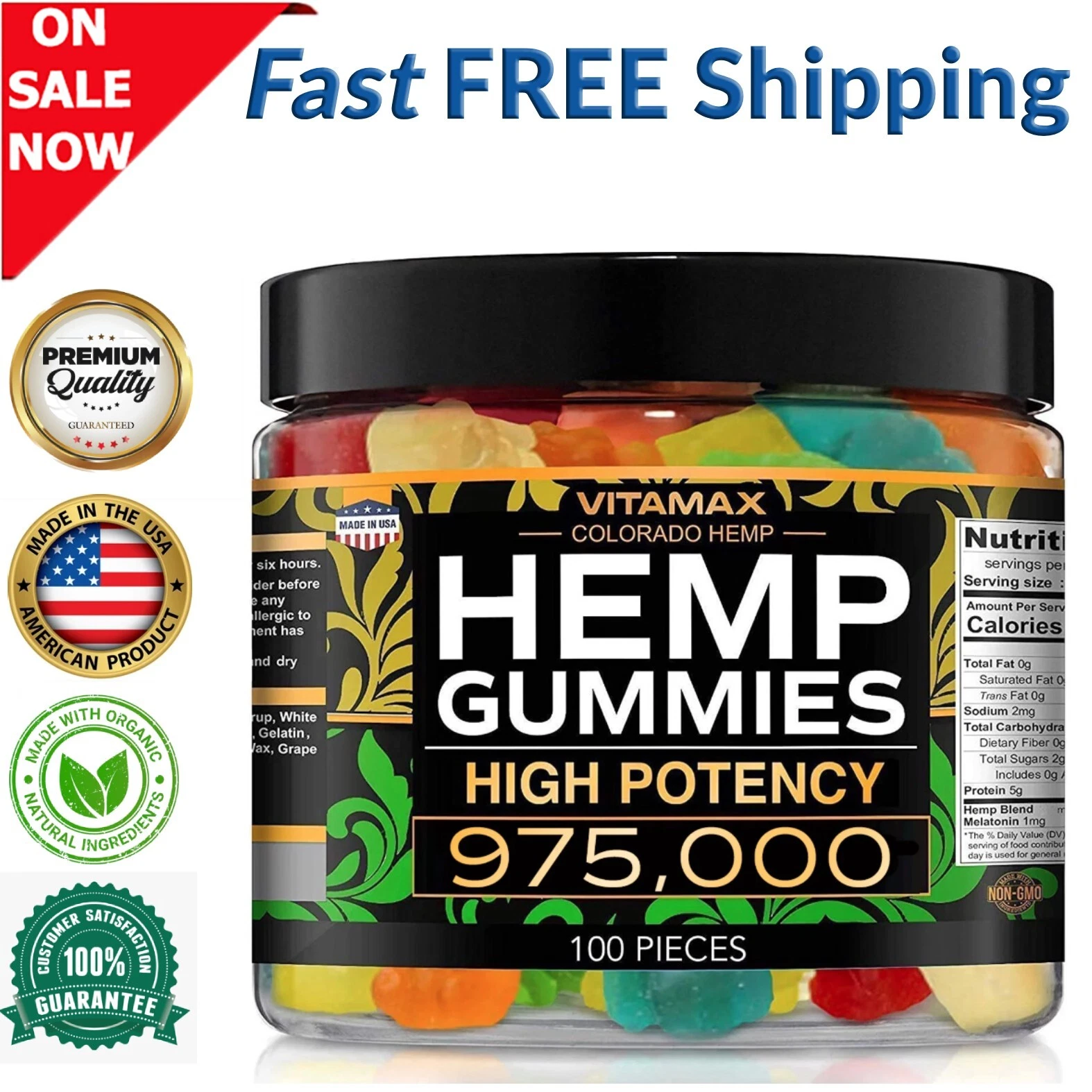 Nutritional Delicious Gummies. Stress, Pain, Anxiety, Sleep - 100 Cts, USA GROWN