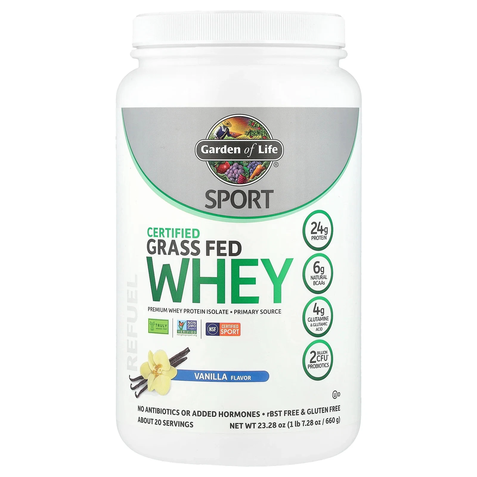 Sport, Certified Grass Fed Whey, Vanilla, 1 lb 7.28 oz (660 g)
