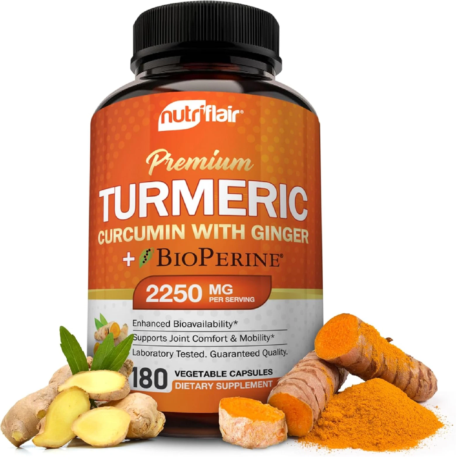 NutriFlair Turmeric Curcumin with Ginger and BioPerine Black Pepper Supplements,