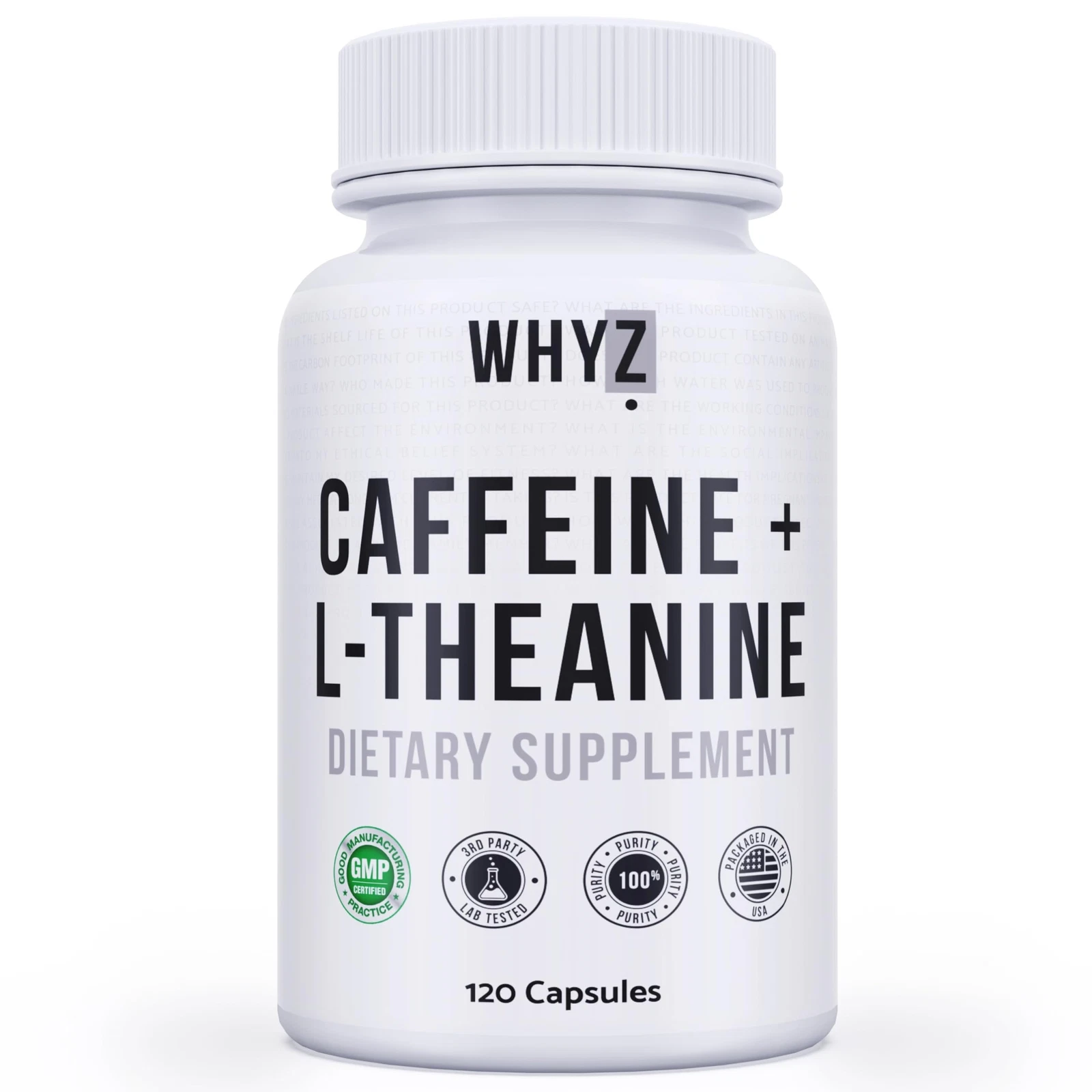 WHYZ Caffeine L-Theanine Capsules, 120 Pills, Vitamins for Brain, Energy & Focus