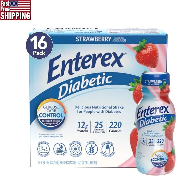 Diabetic Nutritional Shake 8oz Strawberry 16 Pack Low Glycemic Protein Fiber New