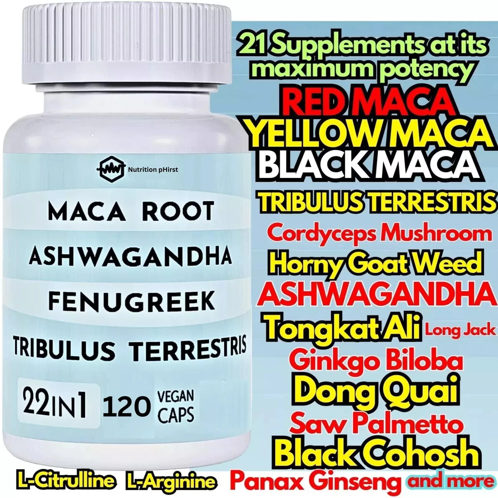 22 in 1 Max Potency Maca Root Blend Goat Weed Tongkat Ginkgo Tribulus 8520mg USA