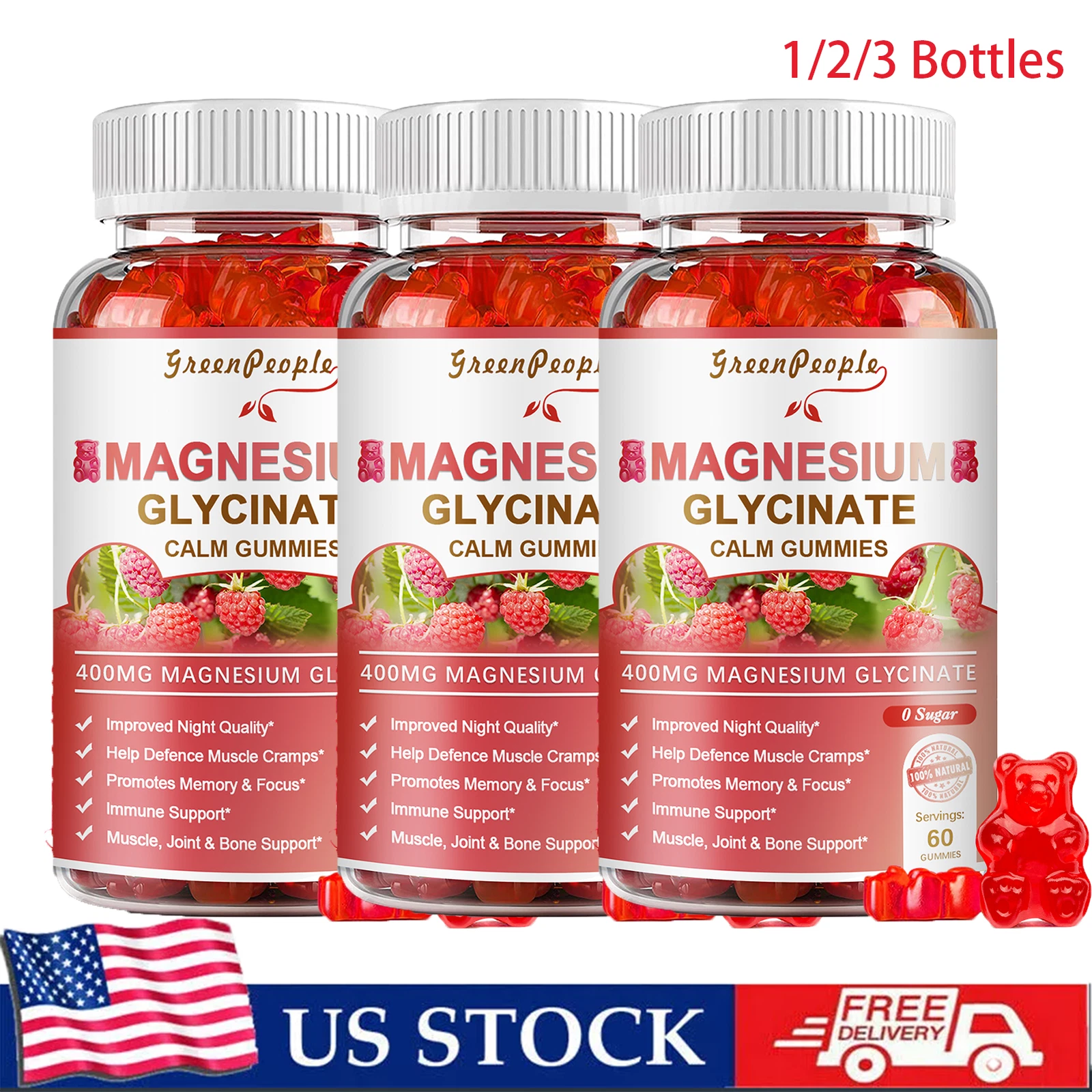 1/2/3*60 Magnesium Glycinate 400mg Gummies for Calm Support & Sleep