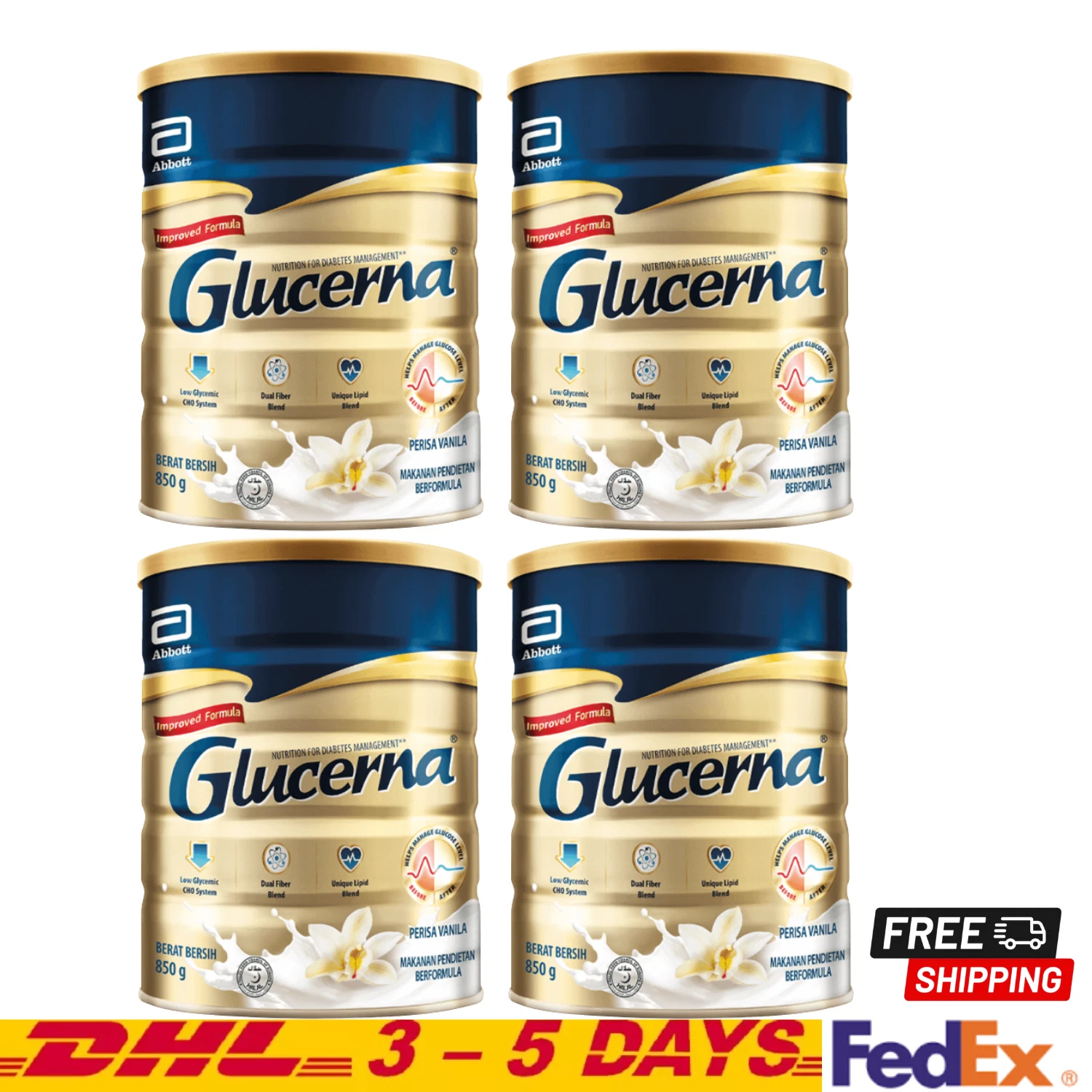 4 X Glucerna Triple Care 800g Diabetic Milk Powder Vanilla Flavour FREE SHIPPING