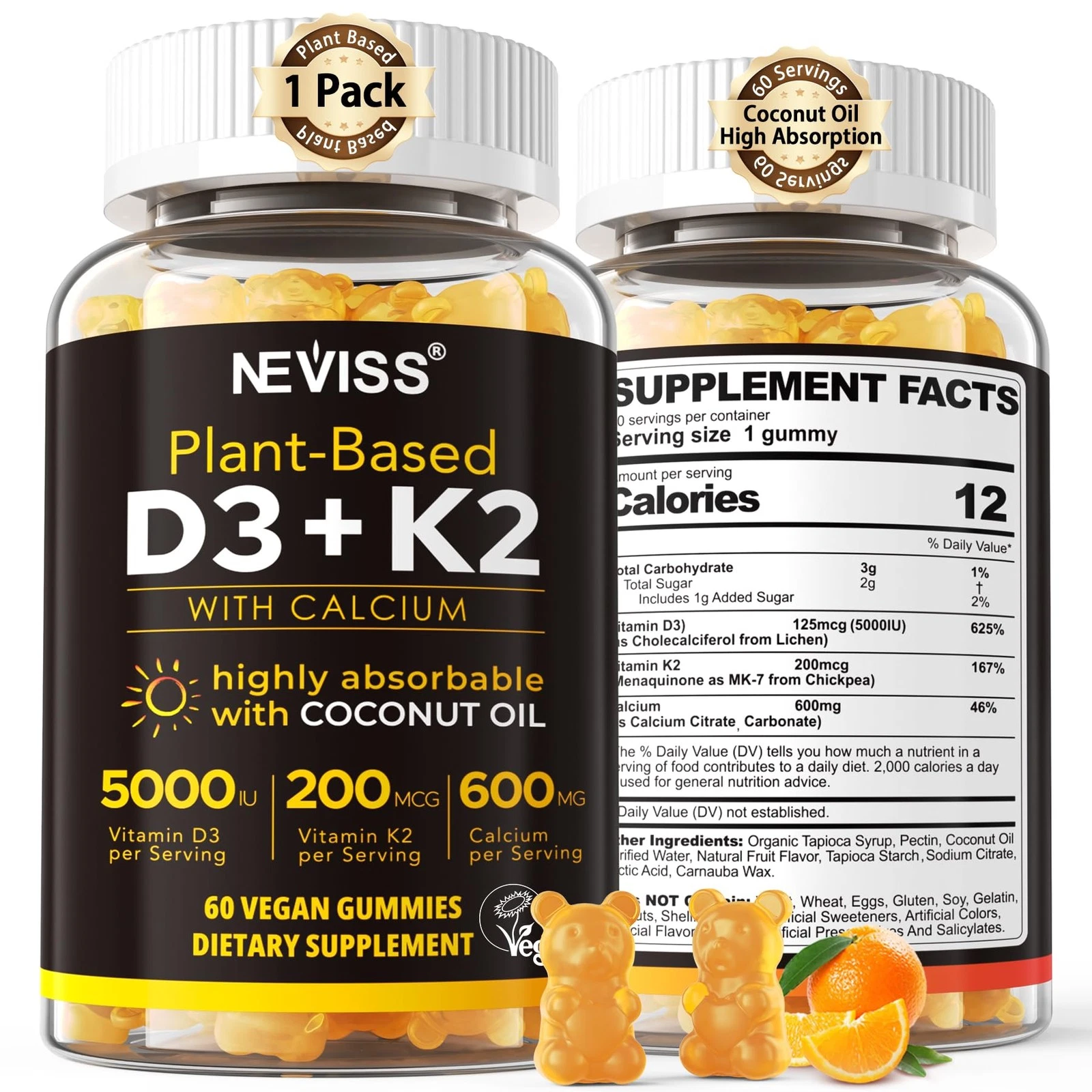 Vitamin D3 5000iu & K2( as MK7 ) 200mcg Gummies + 600mg Calcium, with Coconut Oi