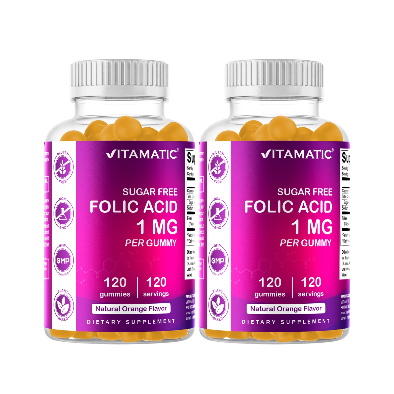 2- Pack Vitamatic Folic Acid Gummies 1000 mcg Vitamin B9 - 120 Vegan Gummies