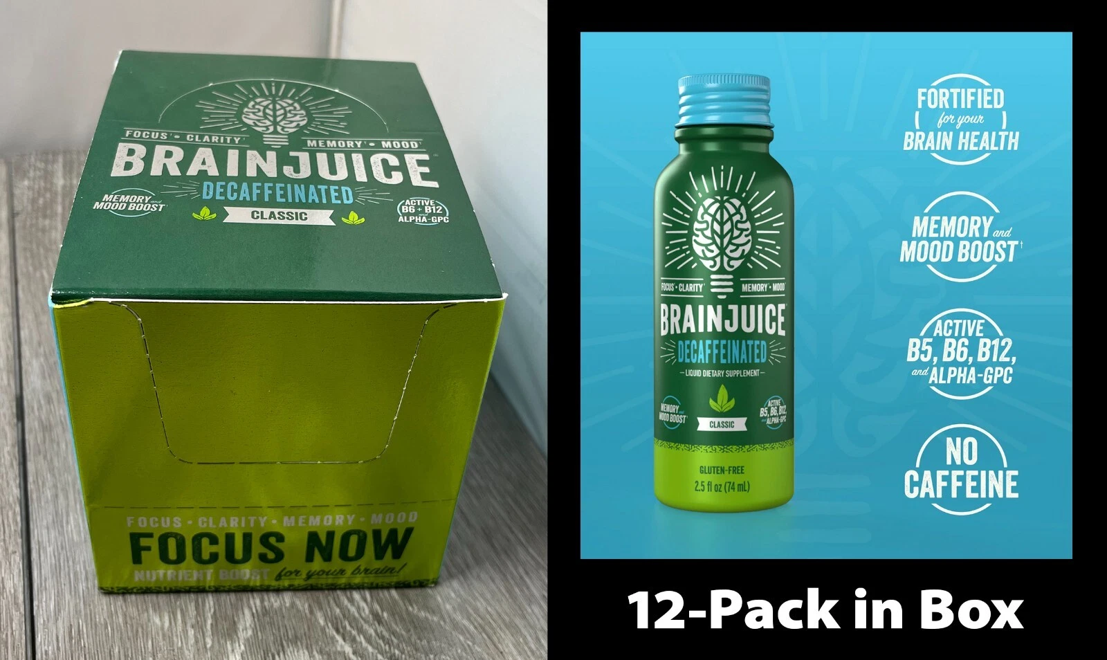 12ct BrainJuice Decaffeinated Classic Brain Booster Drink Supplement 2.5 oz each